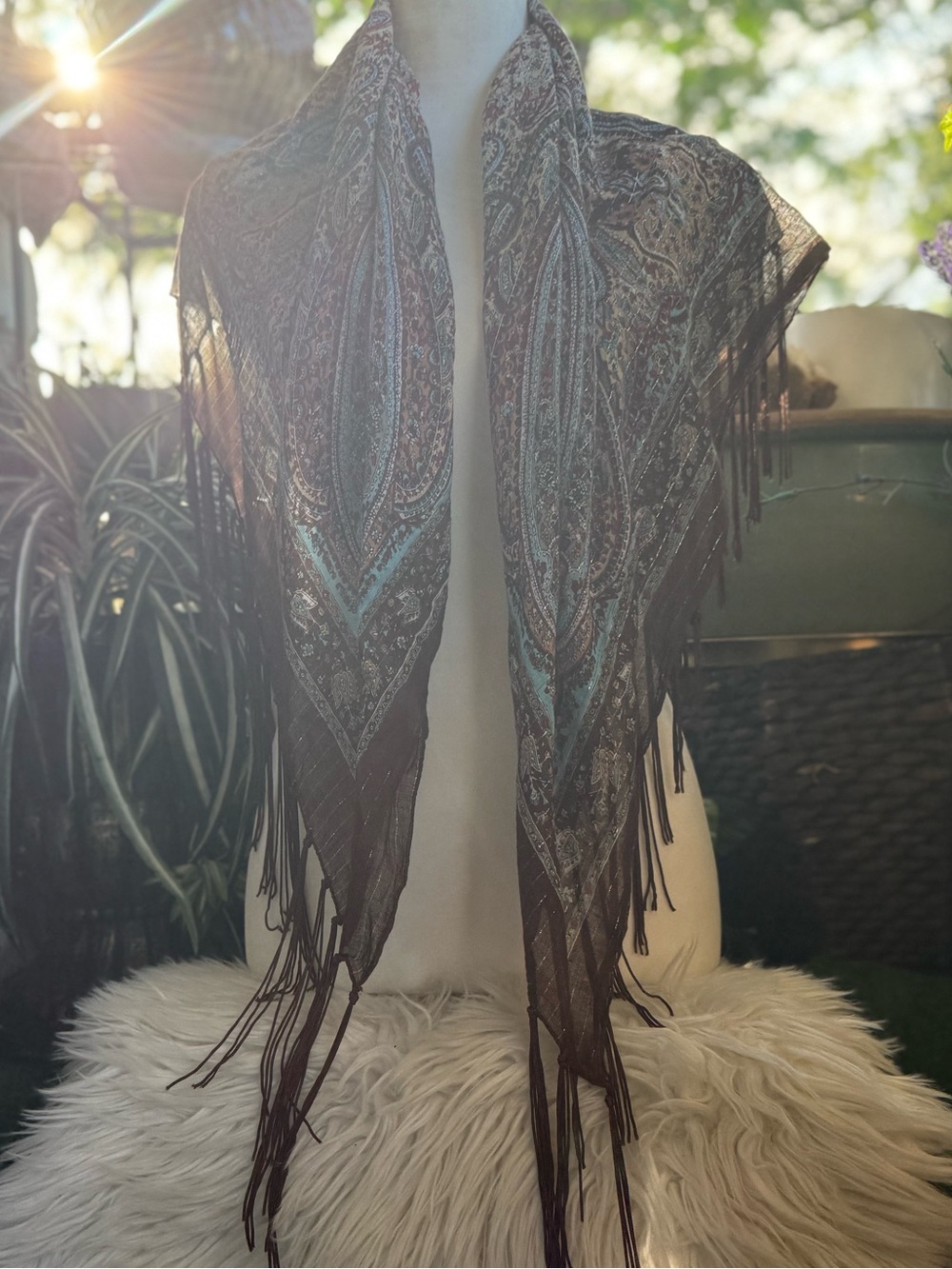 Fringed Paisley Scarf in Brown and Teal